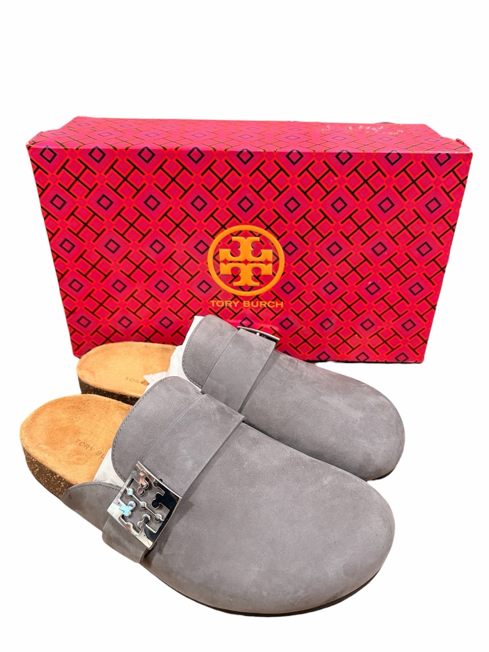 Tory Burch Mellow Mule Charcoal Gray/Silver Suede Slip-On Clogs NWT 7